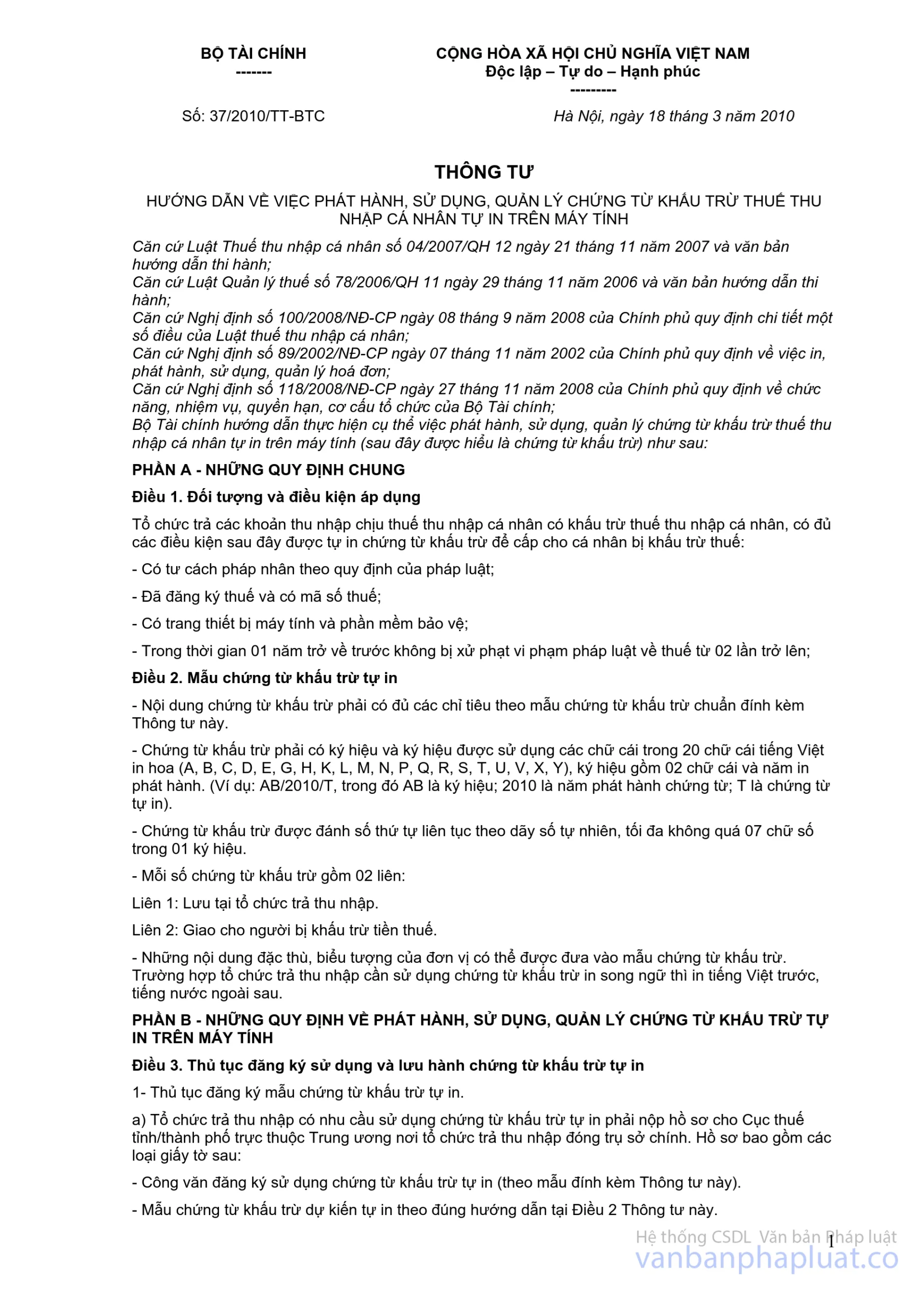 Khấu trừ: Định nghĩa, Phân loại, Nguyên tắc và Quy định pháp lý 8 Thông tư 37/2010/TT-BTC