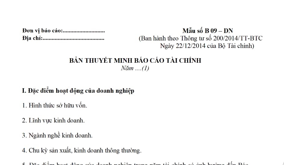 Thuyết Minh Báo Cáo Tài Chính