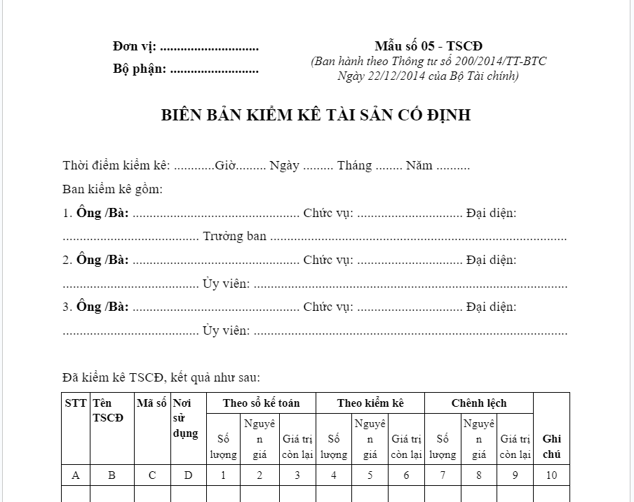biên bản kiểm kê tài sản