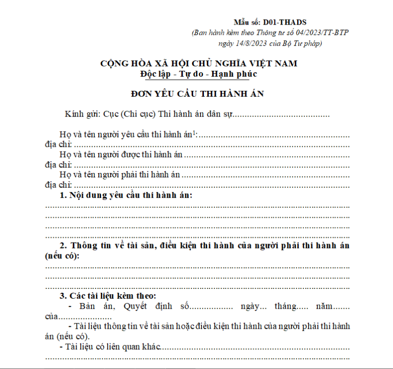 đơn yêu cầu thi hành án