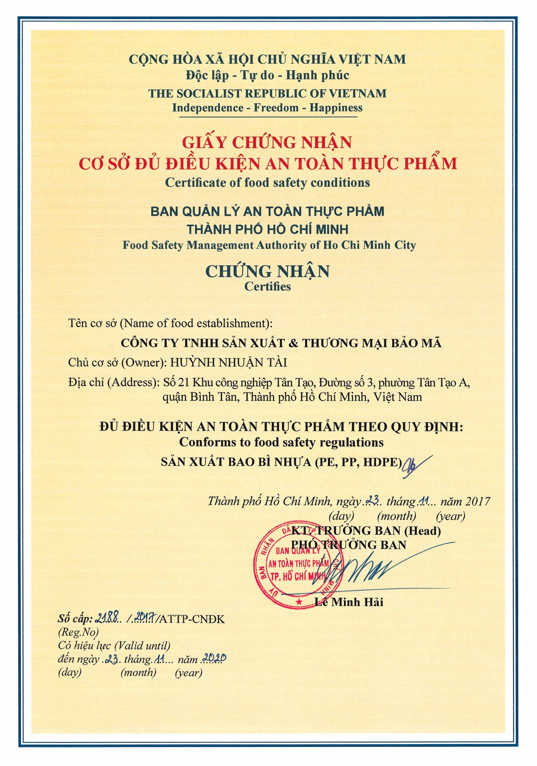 Giấy chứng nhận cơ sở đủ điều kiện an toàn thực phẩm