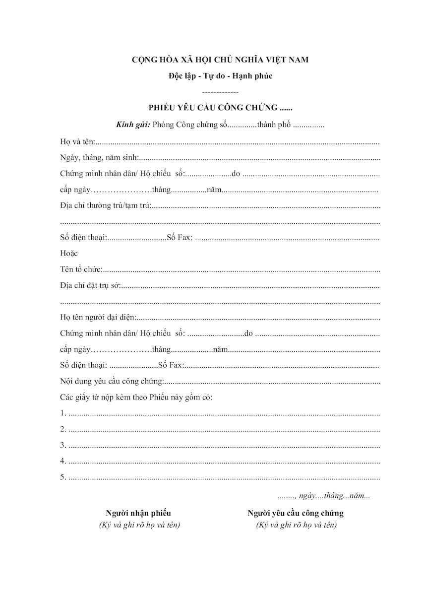 Phiếu yêu cầu công chứng