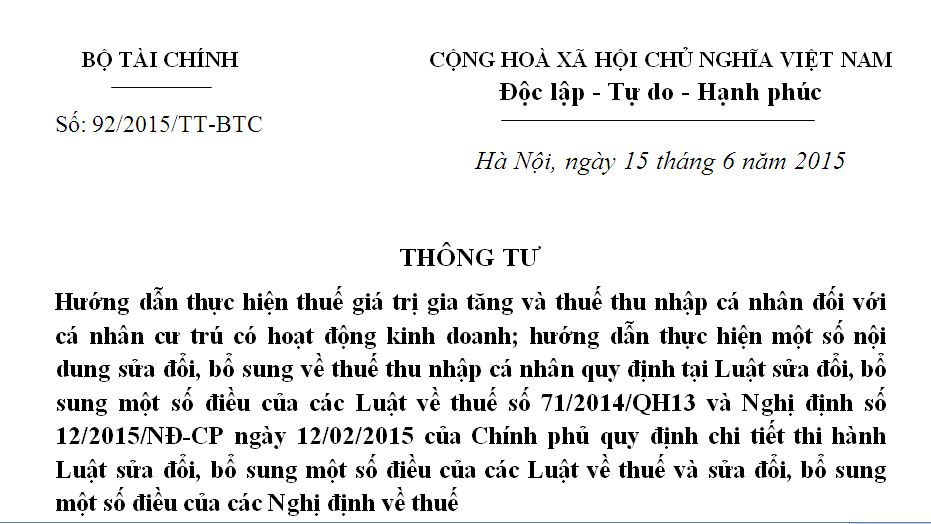 Thông tư 92/2015/TT-BTC